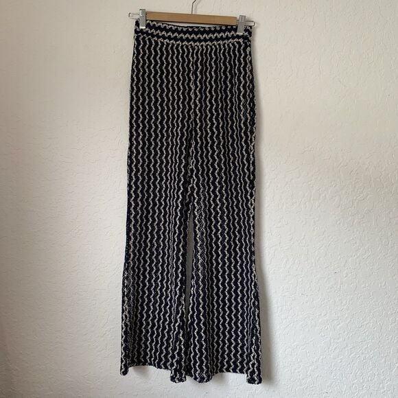 OYSHO Beach Pant XS Open Crochet Knit Navy Blue Cream Stretch Sheer Flare Boho - Picture 2 of 11